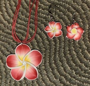 Aloha Floral Jewelry Set with Pink-Red and Yellow Accents Necklace Earrings